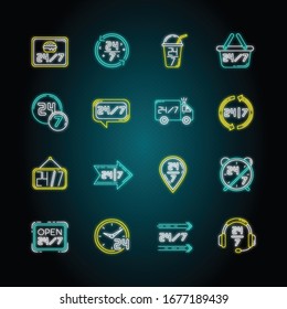 24 7 hour service neon light icons set. Burger cafe open all day. 24 hrs available delivery. Around the clock helpline. Signs with outer glowing effect. Vector isolated RGB color illustrations