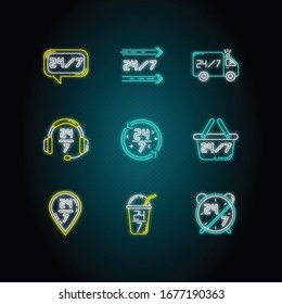 24 7 hour service neon light icons set. Always available help desk. Twenty four seven delivery. Transportation truck sign. Signs with outer glowing effect. Vector isolated RGB color illustrations