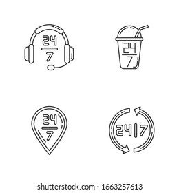 24 7 hour service pixel perfect linear icons set. Customer support. Twenty four seven open bar. Customizable thin line contour symbols. Isolated vector outline illustrations. Editable stroke