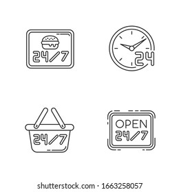 24 7 hour service pixel perfect linear icons set. Everyday open burger cafe. 24 hrs available restaurant. Customizable thin line contour symbols. Isolated vector outline illustrations. Editable stroke