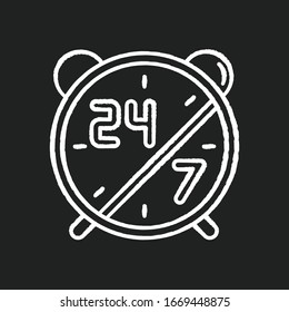 24 7 Stunden Service Kreide weiß Symbol auf schwarzem Hintergrund. Wecker für hochverfügbares Zentrum. Tägliches offenes Zeichen. Wählt mit Zahlen. Illustration der Vektorillustration einzeln