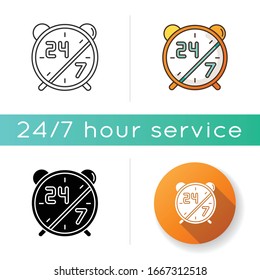 24 7 hours service icon. Alarm clock for highly available center. Everyday open sign. Watch dial with numbers. 24 hours online support. Linear black and RGB color styles. Isolated vector illustrations