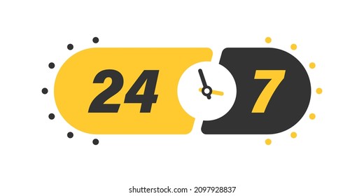 24 7 hours service icon in flat style. All day business and service vector illustration on isolated background. Quick service time sign business concept.