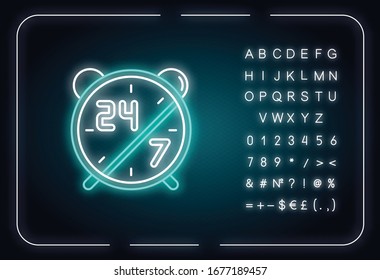 24 7 hours service neon light icon. Alarm clock for highly available center. Watch dial. Outer glowing effect. Sign with alphabet, numbers and symbols. Vector isolated RGB color illustration