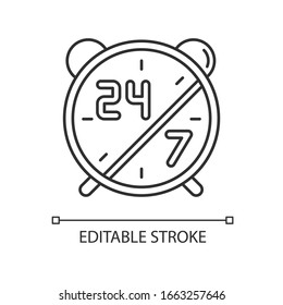 24 7 hours service pixel perfect linear icon. Alarm clock for highly available center. Thin line customizable illustration. Contour symbol. Vector isolated outline drawing. Editable stroke
