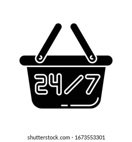 24 7 Hours Store Black Glyph Icon. Twenty Four Seven Convenience Store. 24 Hrs Shop. Supermarket Basket Sign. Buy Product Everyday. Silhouette Symbol On White Space. Vector Isolated Illustration