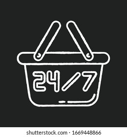 24 7 hours store chalk white icon on black background. Twenty four seven convenience store. 24 hrs shop. Supermarket basket sign. Commerce industry signboard. Isolated vector chalkboard illustration