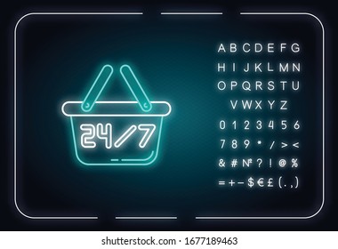 24 7 Hours Store Neon Light Icon. Twenty Four Seven Convenience Store. 24 Hrs Retail Shop. Outer Glowing Effect. Sign With Alphabet, Numbers And Symbols. Vector Isolated RGB Color Illustration