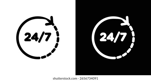 24 7 Icono en Vector sólido negro plano conjunto