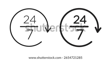 24 7 icon. Flat and stroke versions. Graphic elements.