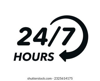 24 7 icon. The 24 hour service is open 24 hours a day, 7 days a week. Simple illustration of 24-7 elements, can be used in logo, ui and web design. 24-7 service concept. Vector illustration.