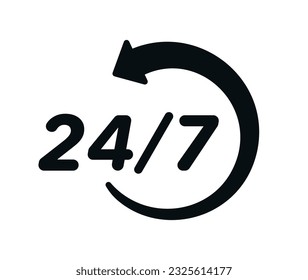 24 7 icon. The 24 hour service is open 24 hours a day, 7 days a week. Simple illustration of 24-7 elements, can be used in logo, ui and web design. 24-7 service concept. Vector illustration.