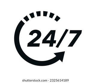 24 7 icon. The 24 hour service is open 24 hours a day, 7 days a week. Simple illustration of 24-7 elements, can be used in logo, ui and web design. 24-7 service concept. Vector illustration.