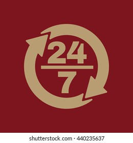 The 24 7 icon. Open and assistance, support symbol. Flat Vector illustration. Button