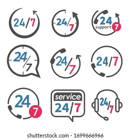 24 7 icon. open 24 hours a day and 7 days a week icons 24/7, 247