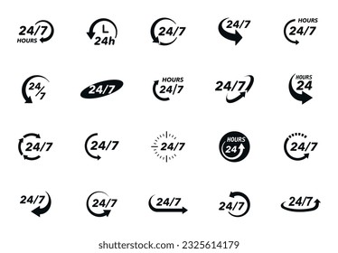 24 7 icon set. The 24 hour service is open 24 hours a day, 7 days a week. Simple illustration set of 24-7 elements, can be used in logo, ui and web design. 24-7 service concept. Vector illustration.