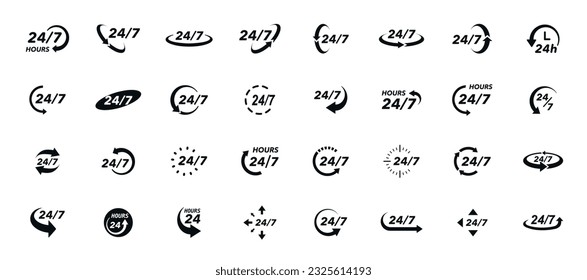 24 7 icon set. The 24 hour service is open 24 hours a day, 7 days a week. Simple illustration set of 24-7 elements, can be used in logo, ui and web design. 24-7 service concept. Vector illustration.