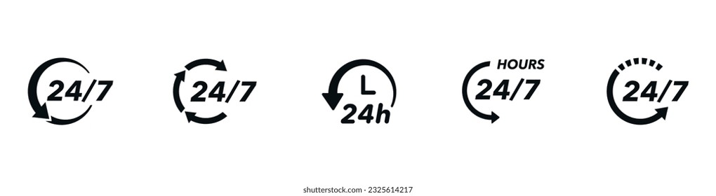 24 7 icon set. The 24 hour service is open 24 hours a day, 7 days a week. Simple illustration set of 24-7 elements, can be used in logo, ui and web design. 24-7 service concept. Vector illustration.