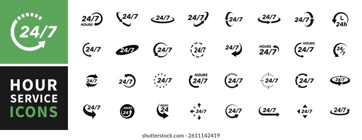 24 7 icon set. The 24 hour service is open 24 hours a day, 7 days a week. Simple illustration set of 24-7 elements, can be used in logo, ui and web design. 24-7 service concept. Vector illustration.
