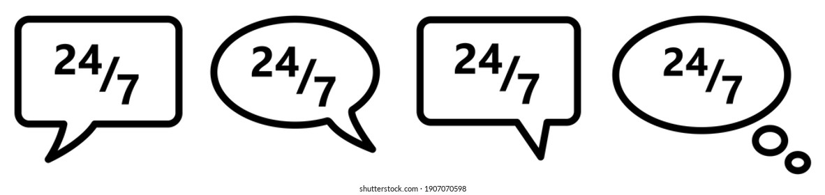 24 7 icon in speech bubble, different version. Contact for nonstop support concept