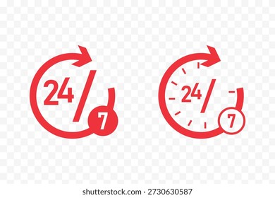 Símbolo de ícone 24 7, Conjunto de ícones de linha. 24 horas ícones coleção glifo e vetor misto Ilustrações. Pictograma de Traço e Glifo. Suporte 24 horas por dia e 7 dias por semana. Serviço de suporte.