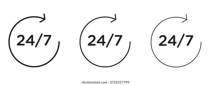 24 7 ícone símbolo de linha fina no fundo branco, ilustração vetorial de traçado editável