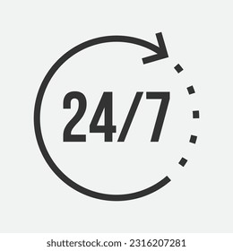 24 7 icon vector. 24 hour service clock. Vector illustration.