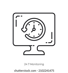 24 7 Icono de supervisión. Diseño de icono de estilo de esquema aislado en fondo blanco