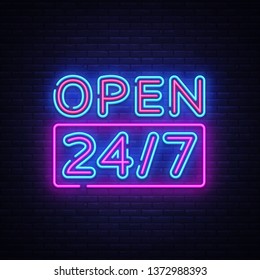 24 7 Neon Sinboard Vector. Open all day neon sign, design template, modern trend design, night signboard, night bright advertising, light banner, light art. Vector illustration