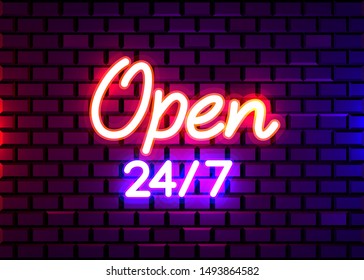 24 7 Neon Sinboard Vector. Open all day neon sign, design template, modern trend design, night signboard, night bright advertising, light banner. Vector illustration