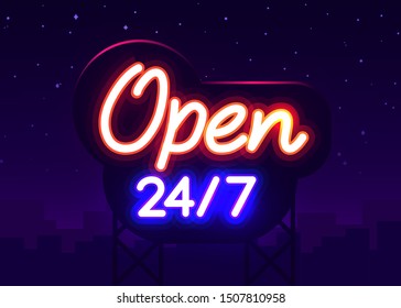 24 7 Neon Sinboard Vector. Open all day neon sign, design template, modern trend design, night signboard, night bright advertising, light banner. Vector illustration