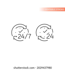 24 7 non stop arrow circle loop vector icon. Twenty four hour clock service editable stroke outline.