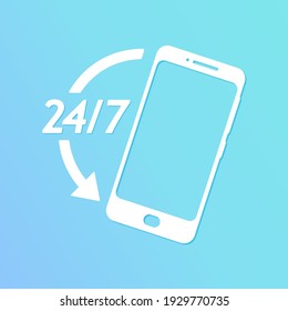 24 7 online shop template. 24-hour telephone service. 24 7 design concept. Call and service at any time. Icon vector illustration