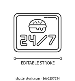 24 7 open burger joint pixel perfect linear icon. Twenty four seven cantine. Eatery menu. 2 Thin line customizable illustration. Contour symbol. Vector isolated outline drawing. Editable stroke