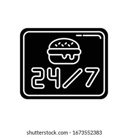 24 7 open burger joint black glyph icon. Twenty four seven cantine. Everyday eatery menu. Around the clock working hours. Silhouette symbol on white space. Vector isolated illustration