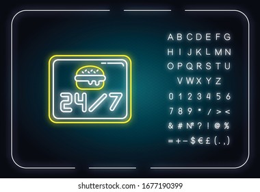 24 7 open burger joint neon light icon. Twenty four seven cantine. Everyday eatery menu. Outer glowing effect. Sign with alphabet, numbers and symbols. Vector isolated RGB color illustration