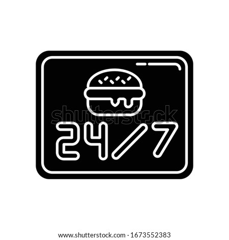 24 7 open burger joint black glyph icon. Twenty four seven cantine. Everyday eatery menu. Around the clock working hours. Silhouette symbol on white space. Vector isolated illustration