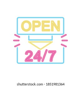 24 7 open neon sign icon over white background, vector illustration