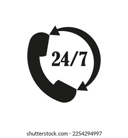 24 7 phone icon. Support icon. Time clock. Call symbol. Vector illustration.