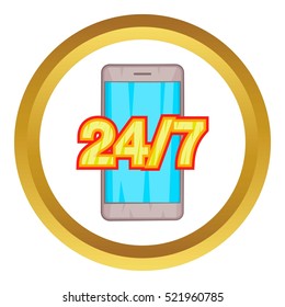 24 7 phone support vector icon in golden circle, cartoon style isolated on white background