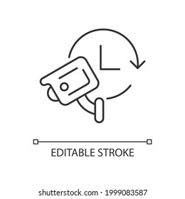 24 7 protection with security video system linear icon. 24 hour monitoring. Remote surveillance. Thin line customizable illustration. Contour symbol. Vector isolated outline drawing. Editable stroke