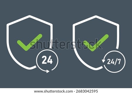  24 7 Security Shield Icon with Check Mark Protection Symbol