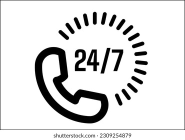 24 7 service. 24-7 open, concept with call icon. Phone Support 24 hours a day and 7 days a week. Support service. Vector Illustration.