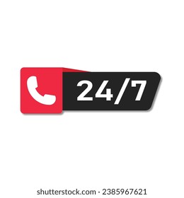 24 7 service. 24-7 open, concept with call icon. Phone Support 24 hours a day and 7 days a week. Support service. Vector Illustration.