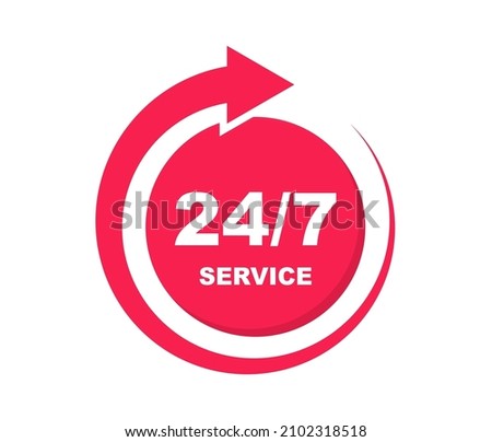 24 7 service. 24-7 open, concept with arrow icon. Support service 24 hours a day and 7 days a week. Vector Illustration.