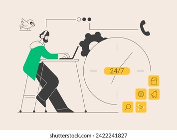 24 for 7 service abstract concept vector illustration. 24-7 technical support, emergency line, all-day assistance, business time schedule, extended working hours, call center abstract metaphor.