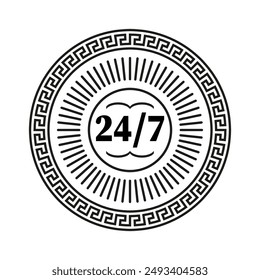 24 7 service badge. Circular Greek key border. Black and white vector emblem. Continuous support symbol.