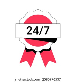 24 7 Service Badge With Ribbon In Flat Vector Illustration Symbolizing Availability, Customer Support, And Convenience, Isolated On White Background