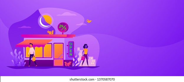 24 7 service, business time schedule, extended working hours and any time available service. Vector banner template for social media with text copy space and infographic concept illustration.