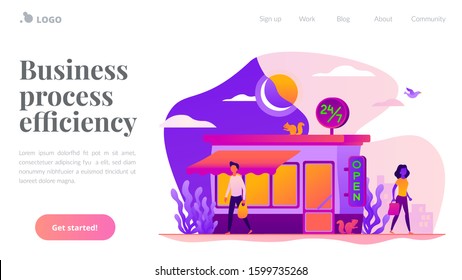 24 7 service, business time schedule, extended working hours and any time available service. Website homepage interface UI template. Landing web page with infographic concept hero header image.